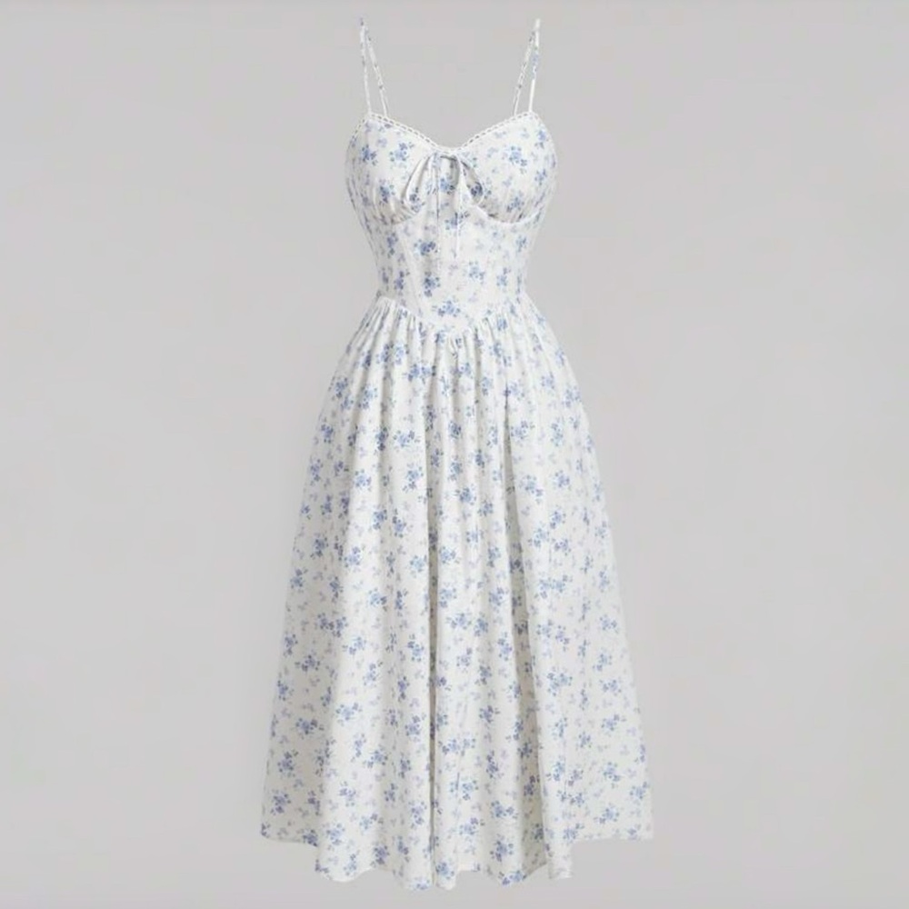 Blue and white floral midi dress
